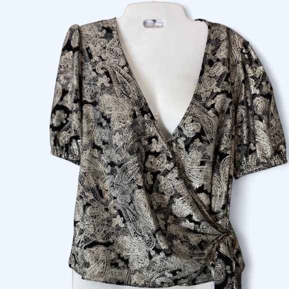 Michael Kors Black & silver shimmering paisley print wrap top w tie detail S - Picture 1 of 5